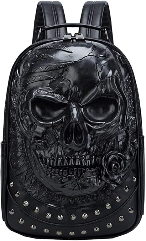 3D Skull Pu Leather Shoulder Backpacks Men Women Fashion Travel College Bags Small Backpack Black