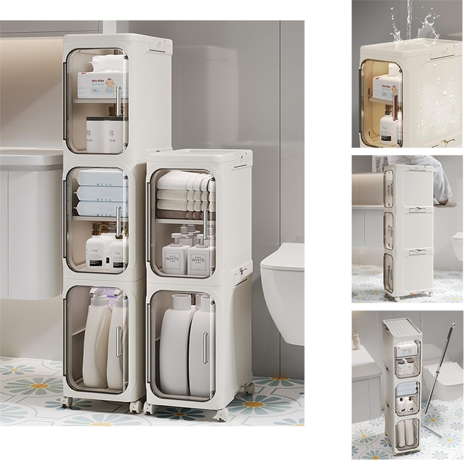 5-Tier Narrow Storage Cabinet: Slim Plastic Storage Organizer with Doors and Adjustable Shelves, Movable Waterproof Floor Cabinet for Small Spaces, Ideal for Bathroom, Kitchen, Laundry, Office.