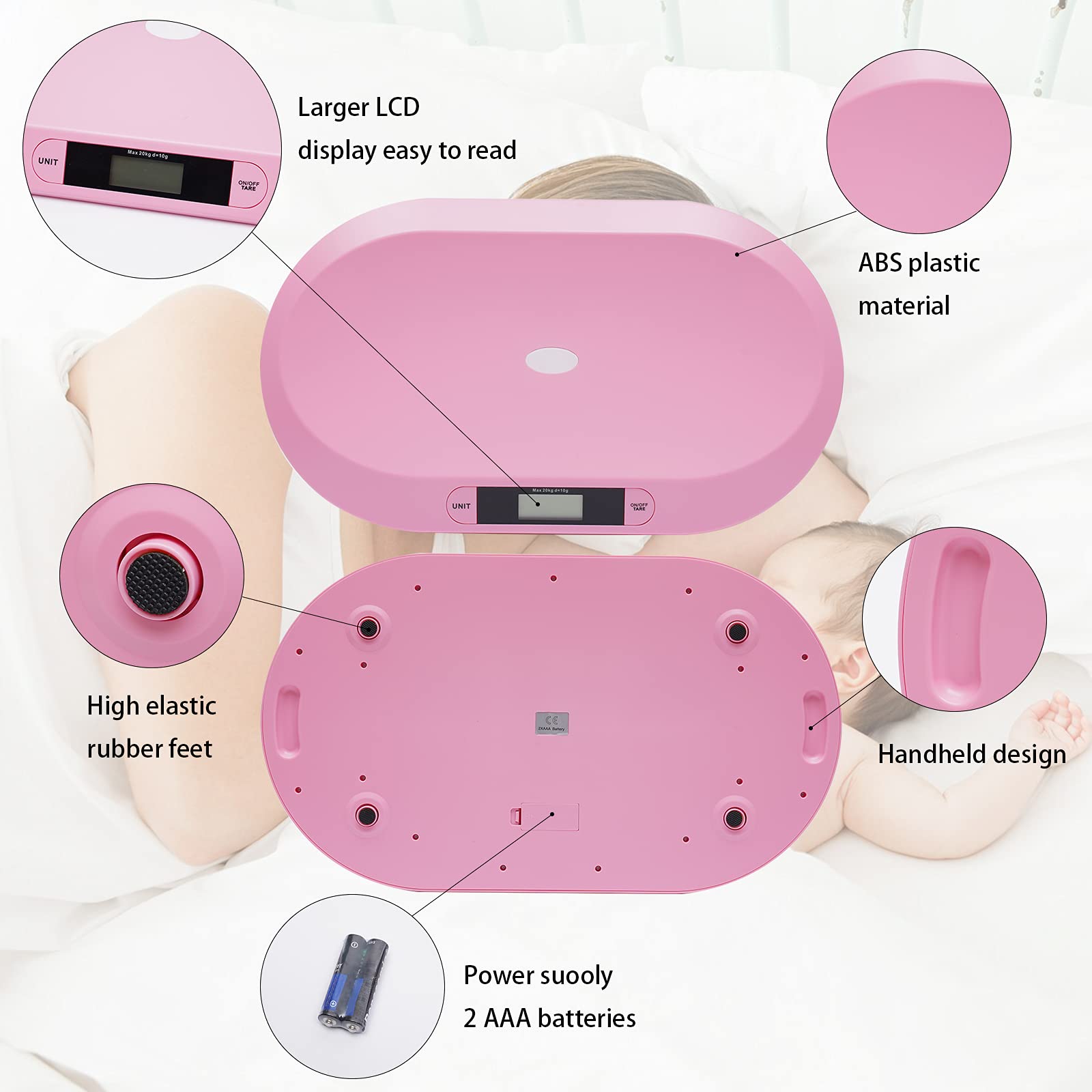 Báscula de bebé, báscula digital precisa para bebé, con pantalla LCD, rosa, pesa de animales multiusos, adecuada para pesar objetos menos de 20 kg, es adecuada para pesar bebés, gatos, perros, etc