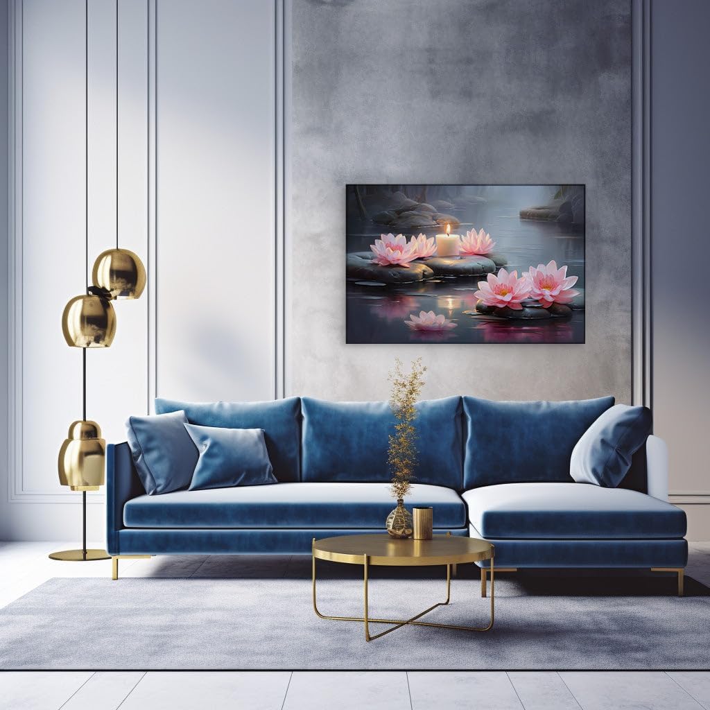 Canvas for Living room. Moonlit Serenity: Pink Lotus Blossoms and a Lone Candle's Glow, 27 x 18 inch Canvas Wall Art - Contemporary Masterpieces - Zen Wall Decor - 69x46 cm (27x18 inch)