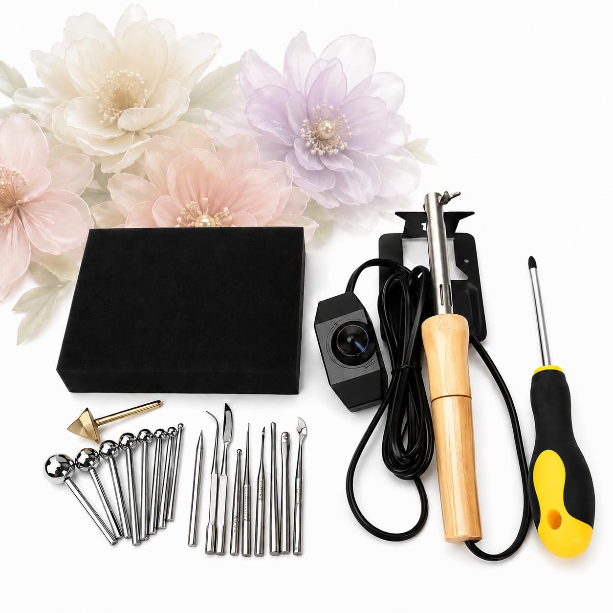 Elektrischer Stoffblumenmacher, Bügelmaschine Für Künstliche Blumen Mit 18 Aufsätzen, Einstellbarer Temperatur Und Beheiztem Griff Zum Selbermachen Von Stoffblumen Und Modellieren Von Blütenblättern