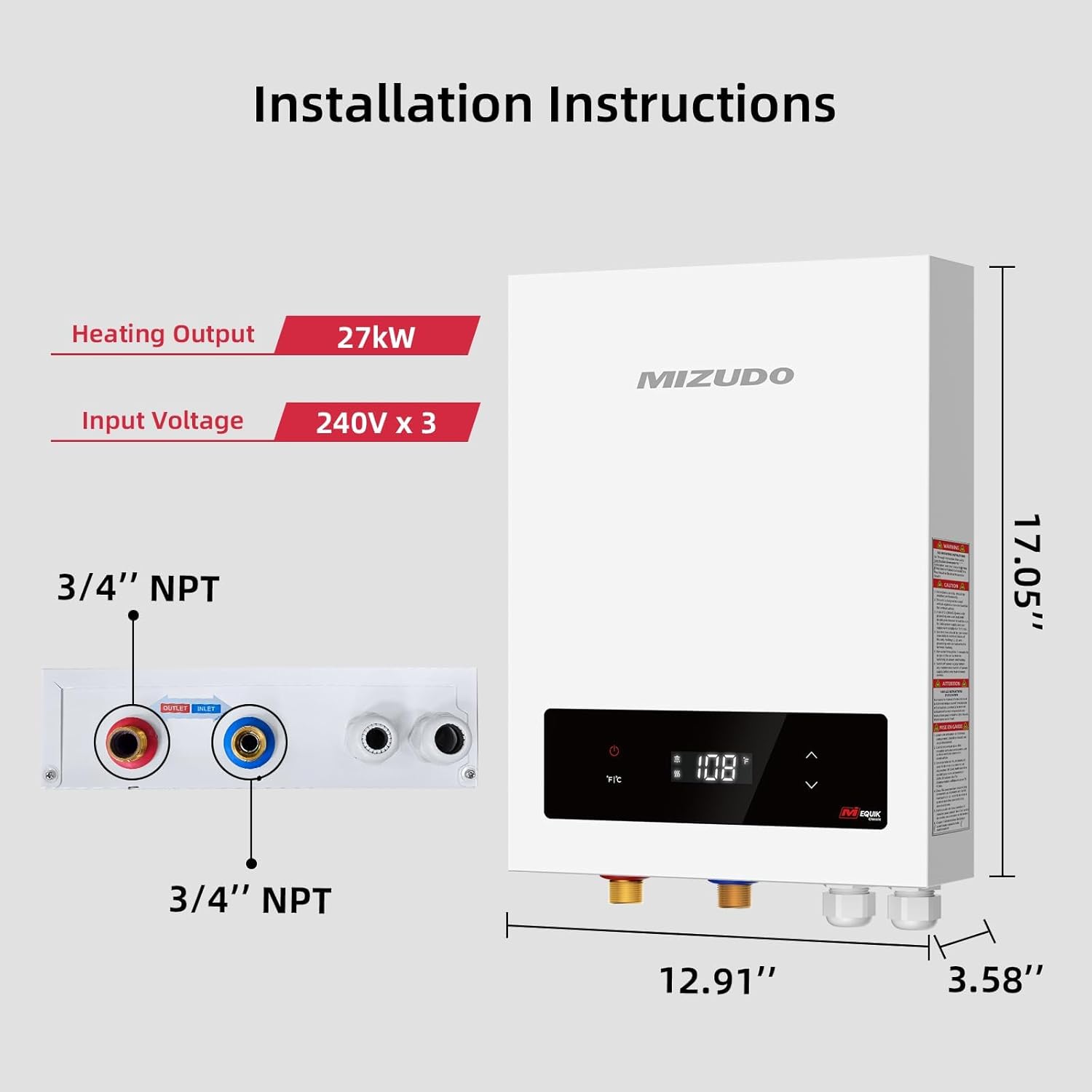 MIZUDO 27kW tankless water heater dimensions and connection points