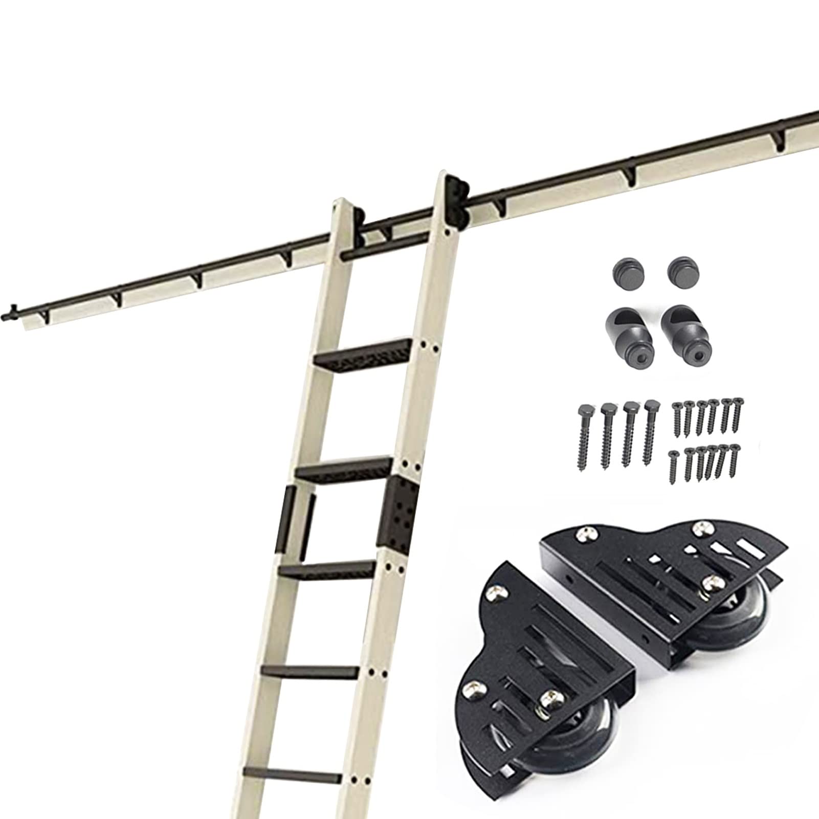 Kit hardware per porta scorrevole, sistema a scala per biblioteca con rulli e binario neri, soluzione completa per scale mobili per casa e ufficio, design elegante e durevole