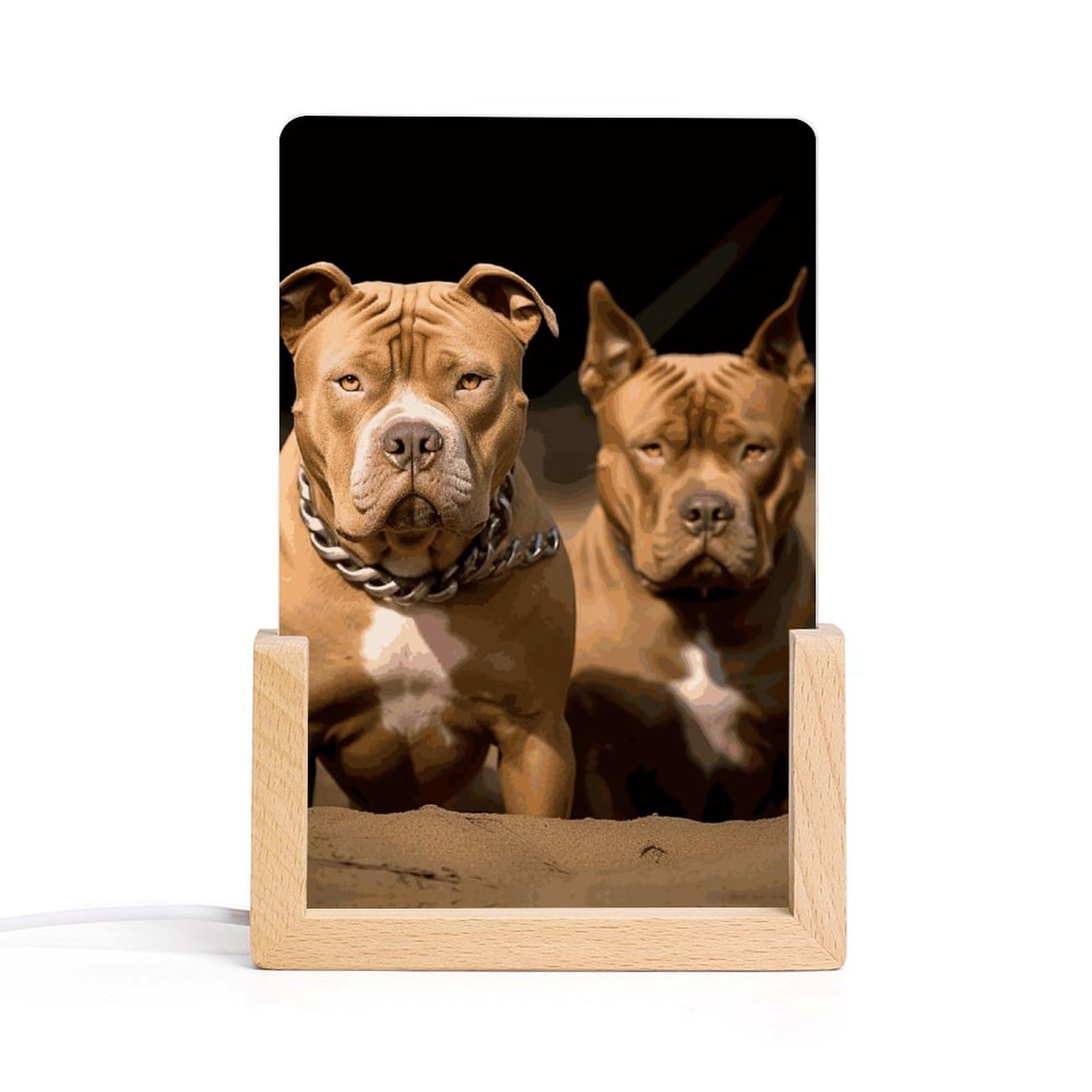 JTREHY Acrylic Night Light,Pitbull Dogs Printed Wooden Base LED Night Light Modern Home Decoration Light with USB Switch Cable for Bar Cafe Bedroom Room Decoration