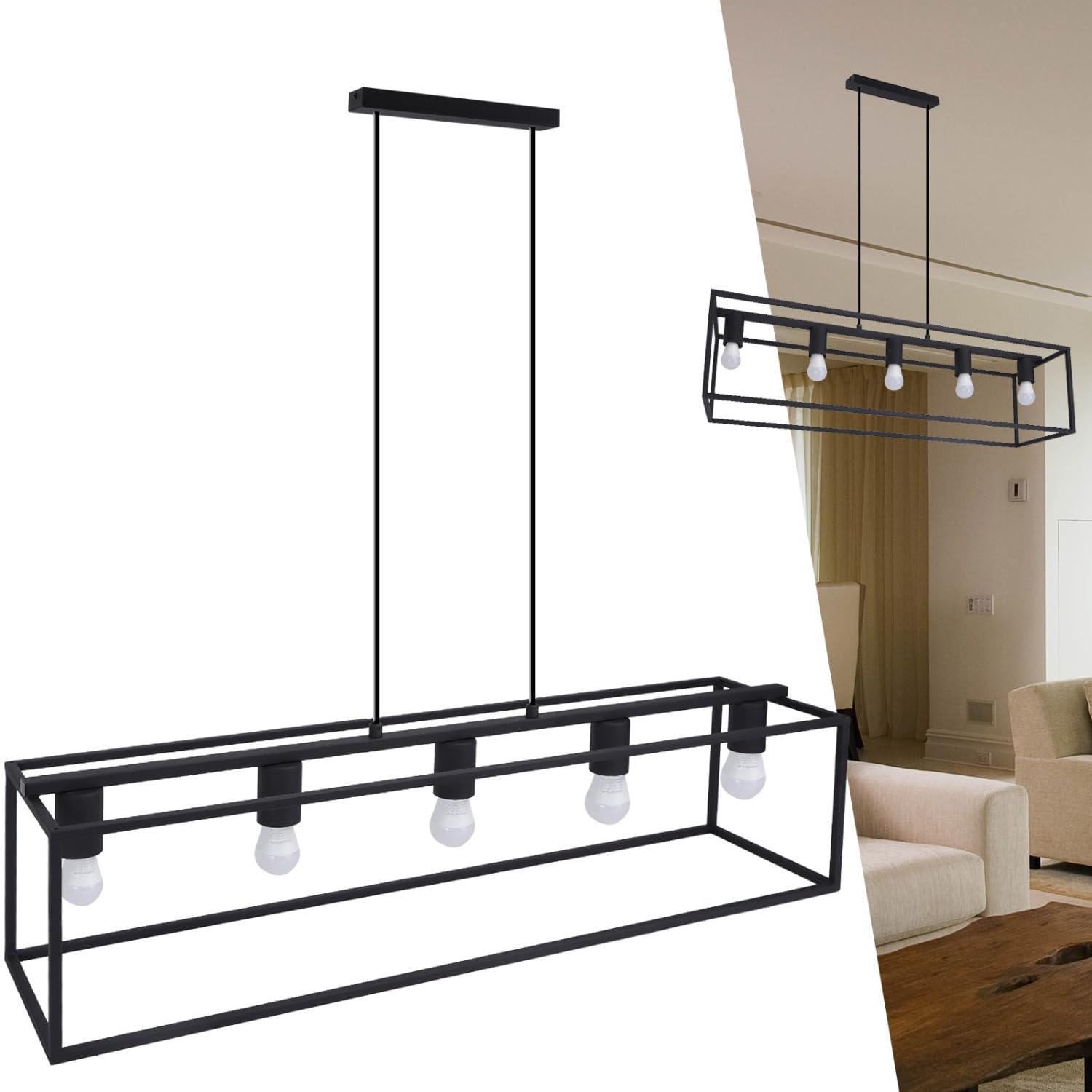 Aigostar Lámpara de techo Metal Lámpara Colgante negro cuadrada， Casquillo E27， 5 luces. Estilo moderno para decorar el salón， pasillo， dormitorio， comedor etc