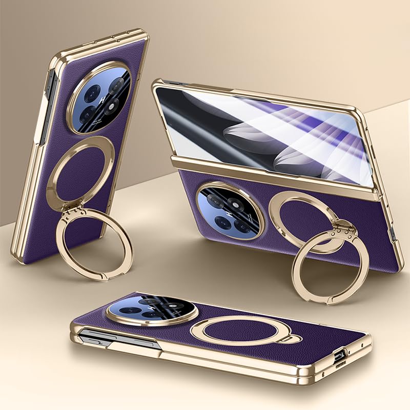 Étui en cuir Oppo Find N5 violet avec anneau rotatif et protection de charnière