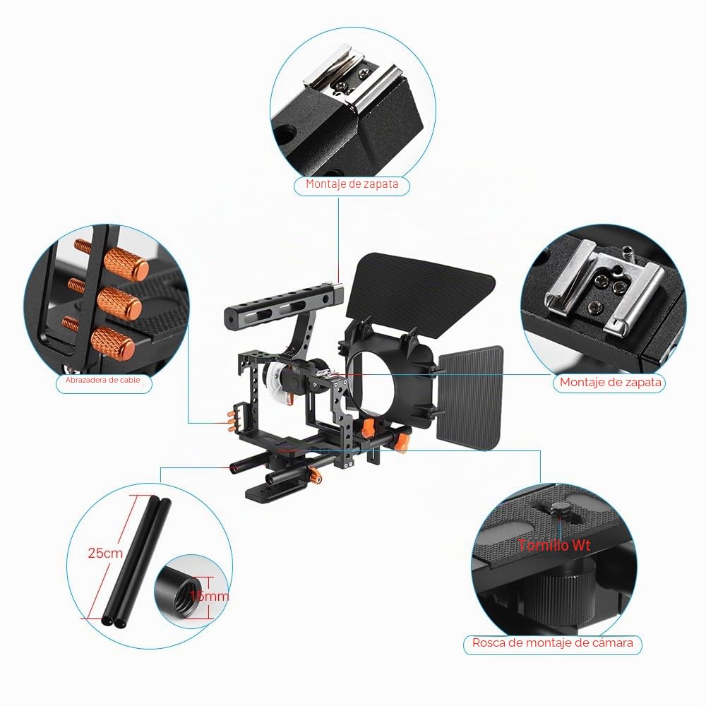 Andoer Kit de montaje para cámara C500 de aleación de aluminio con jaula de cámara, Matte Box+, seguimiento, Follow Focus, mango + 15 mm de Rod