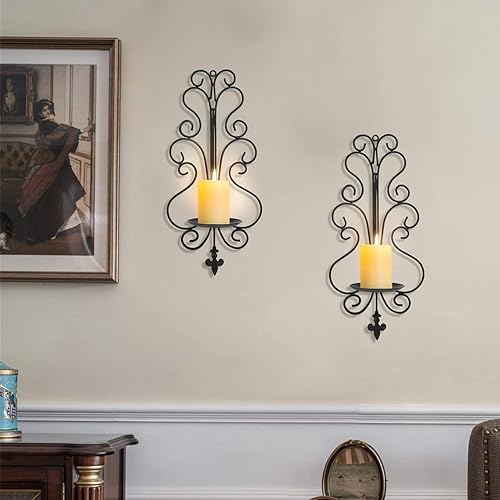 Miniatura 3 de Juego de 2 candelabros de pared, candelabros de pared para sala de estar, comedor, dormitorio, portavelas de pared de metal antiguo negro para