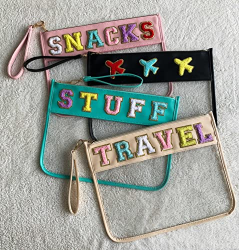 Image of Chenille Letter Clear Bag Purse Multi-purpose Transparent Waterproof Snacks Makeup Tote Bag with Wrist Strap