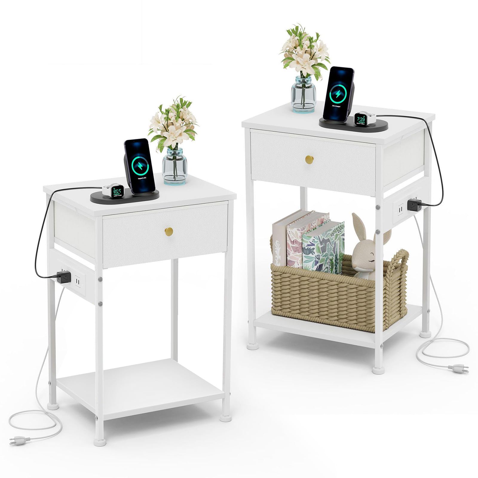 GipGiper Set of 2 White Nightstand with Charging Station, Bedside Table for Bedroom Dorm Nursery Living Room, Night Stand End Table with Removable