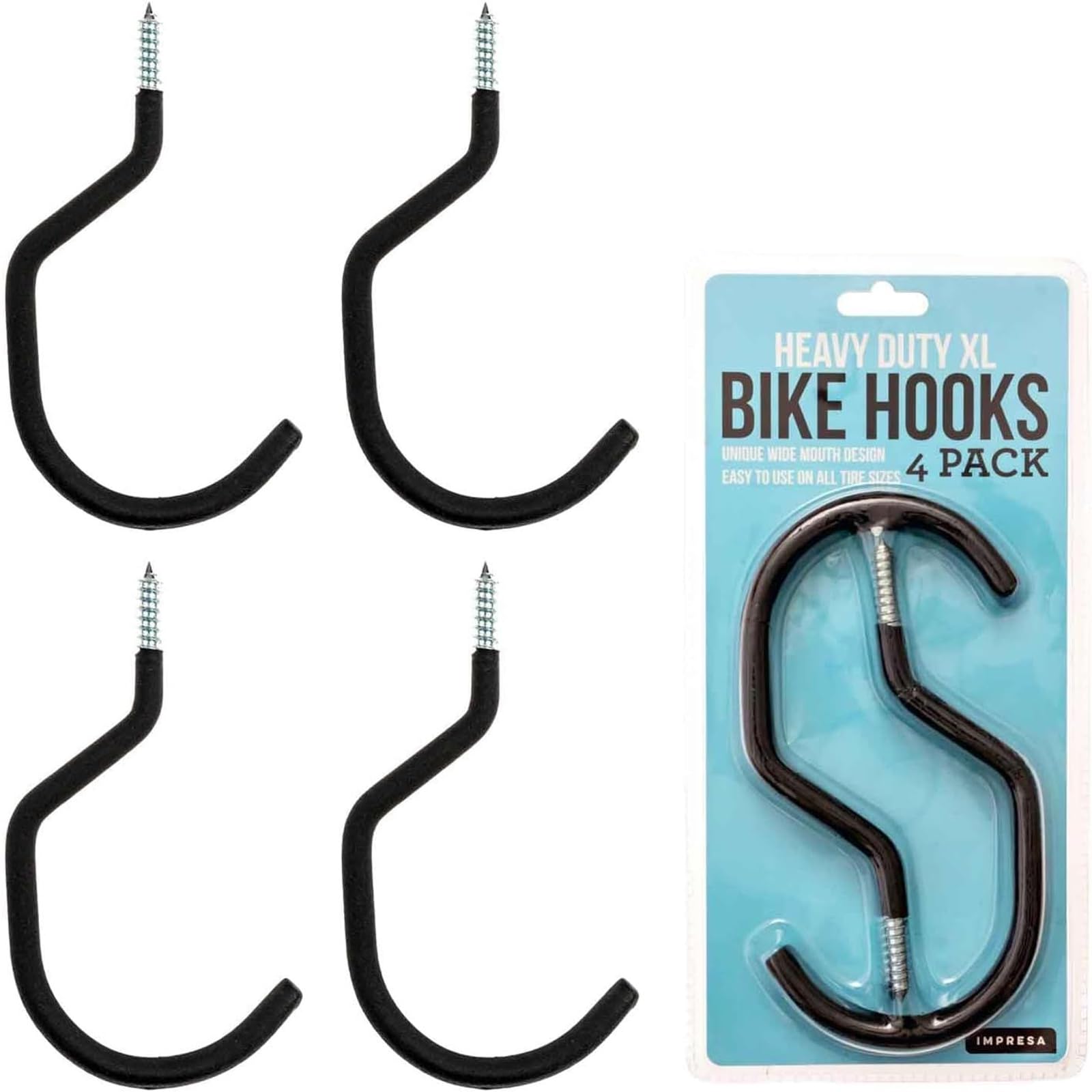 – Impresa 4 Pack XL Bike Hooks/Hangers – 17.78 x 10.16 cm, Holds Up to 45.35 kg - Wide Opening Fits All Bike Types, Easy On/Off, Heavy-Duty Bike Hooks for Garage Storage - for Ceiling & Wall Mount