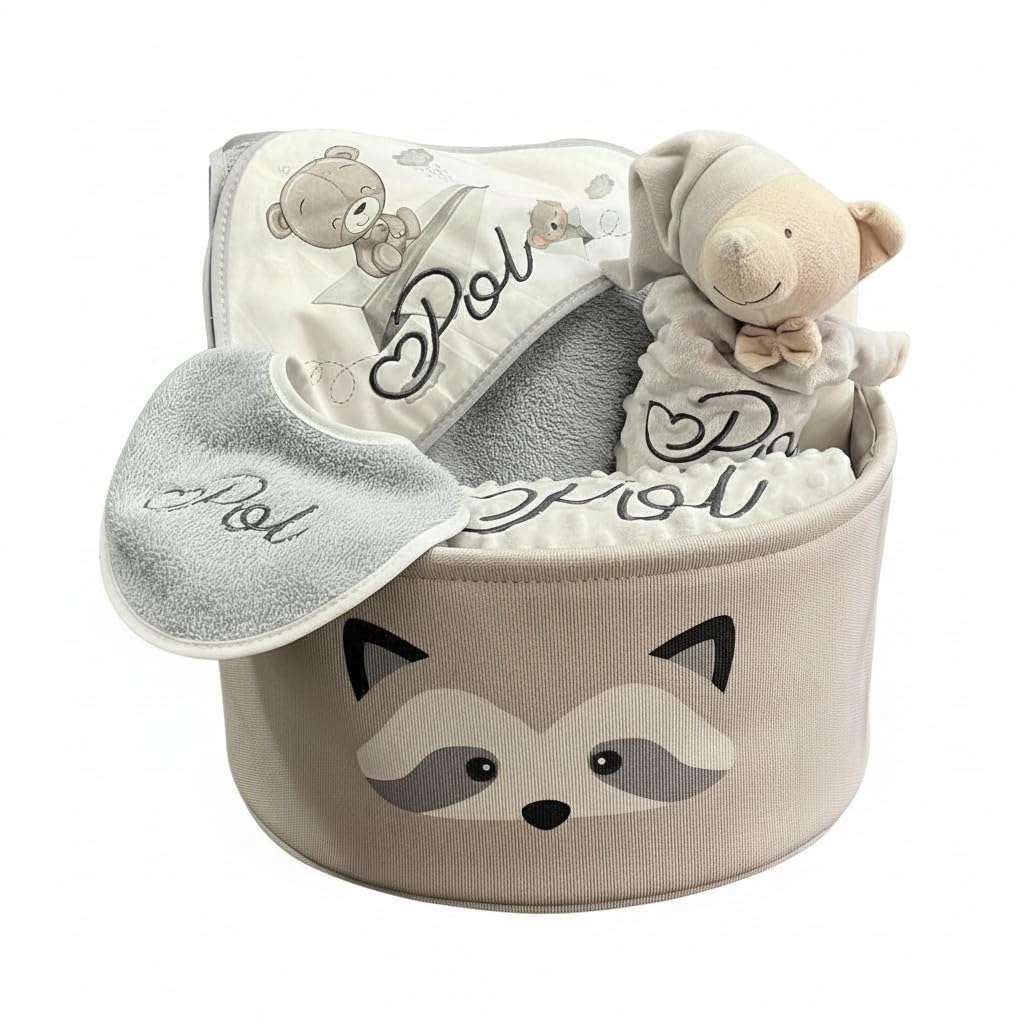 Danielstore Canastilla Bebé Personalizada | Set Regalo para Recién Nacido, 50% algodón 50% poliéster | Incluye manta, dou dou, toalla baño, babero Gris