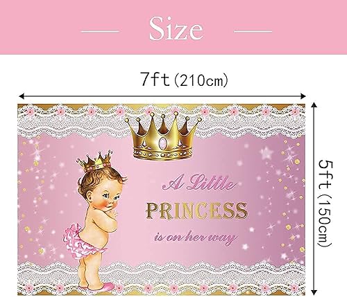 Miniatura 10 de Telón de fondo de princesa para baby shower para niña, 8 x 6 pies, corona dorada, encaje rosa, fondo de fotografía con texto en inglés "A Little