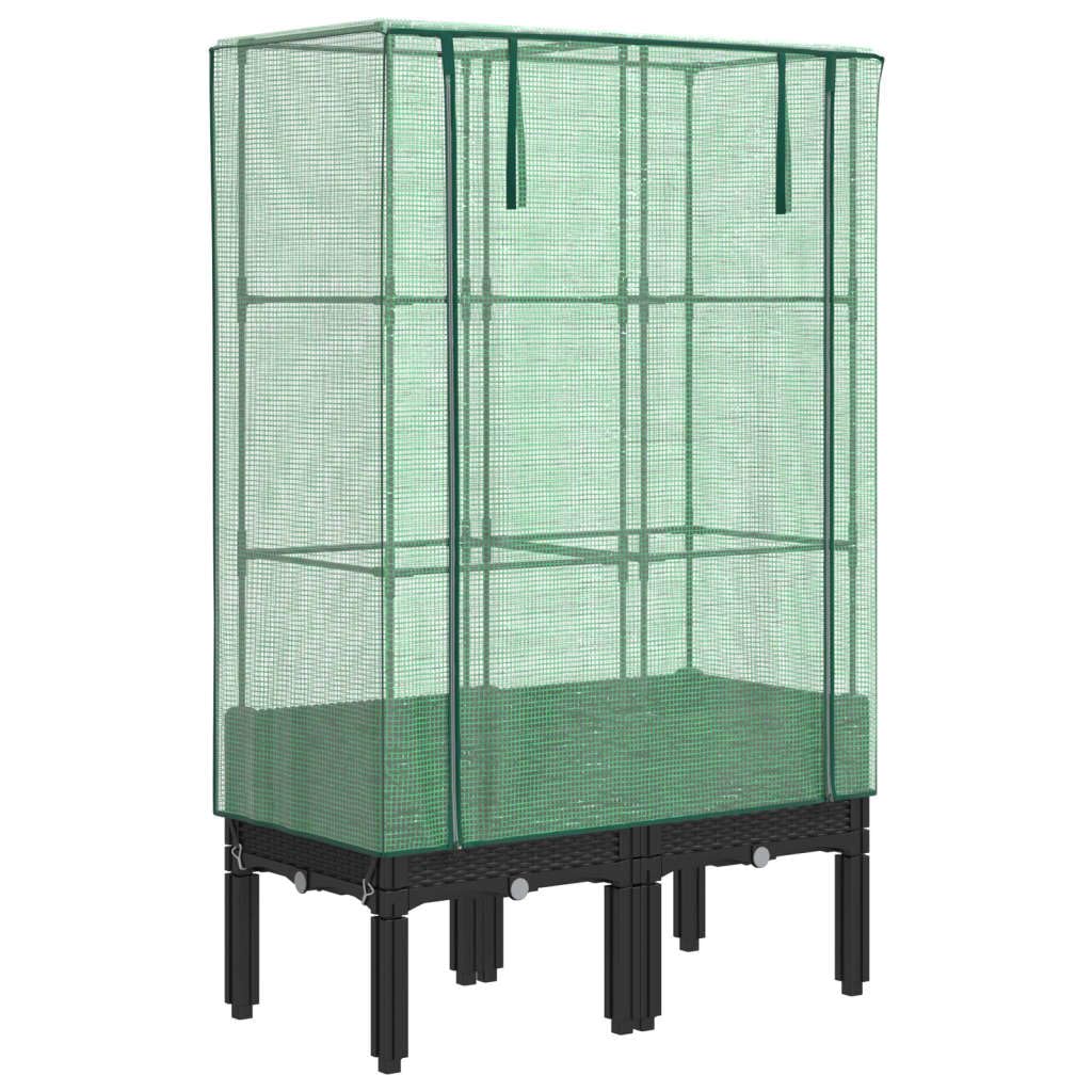 Jardinera con accesorio de invernadero con aspecto de ratán, jardinera para balcón y jardín, marco de hierro estable y cubierta de polietileno, para verduras y hierbas, color negro, 80 x 40 x