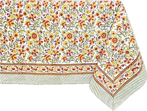 ATOSII Marigold 100% Cotton Spring Summer Tablecloth, Block Print Rectangle Table Cover for Dining, Parties, Weddings, Outdoors, Grand Millenial Decor 60 X 108 Inches I 8 Seater I