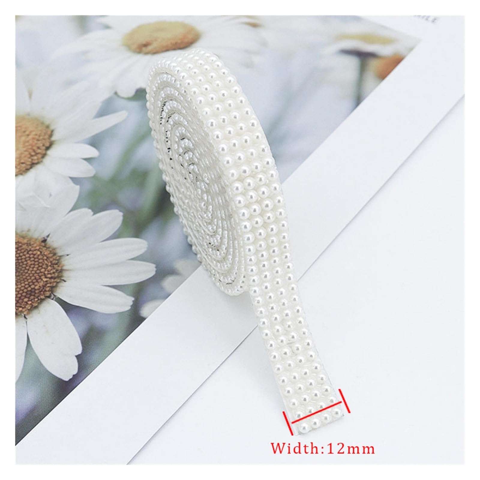 Wstążka samoprzylepna ze sztucznej perły w kolorze białym | Biała szerokość 9-30 mm, 10 jardów, rękodzieło DIY, ślub, opakowanie na prezent, album z wycinkami(12mm Width)