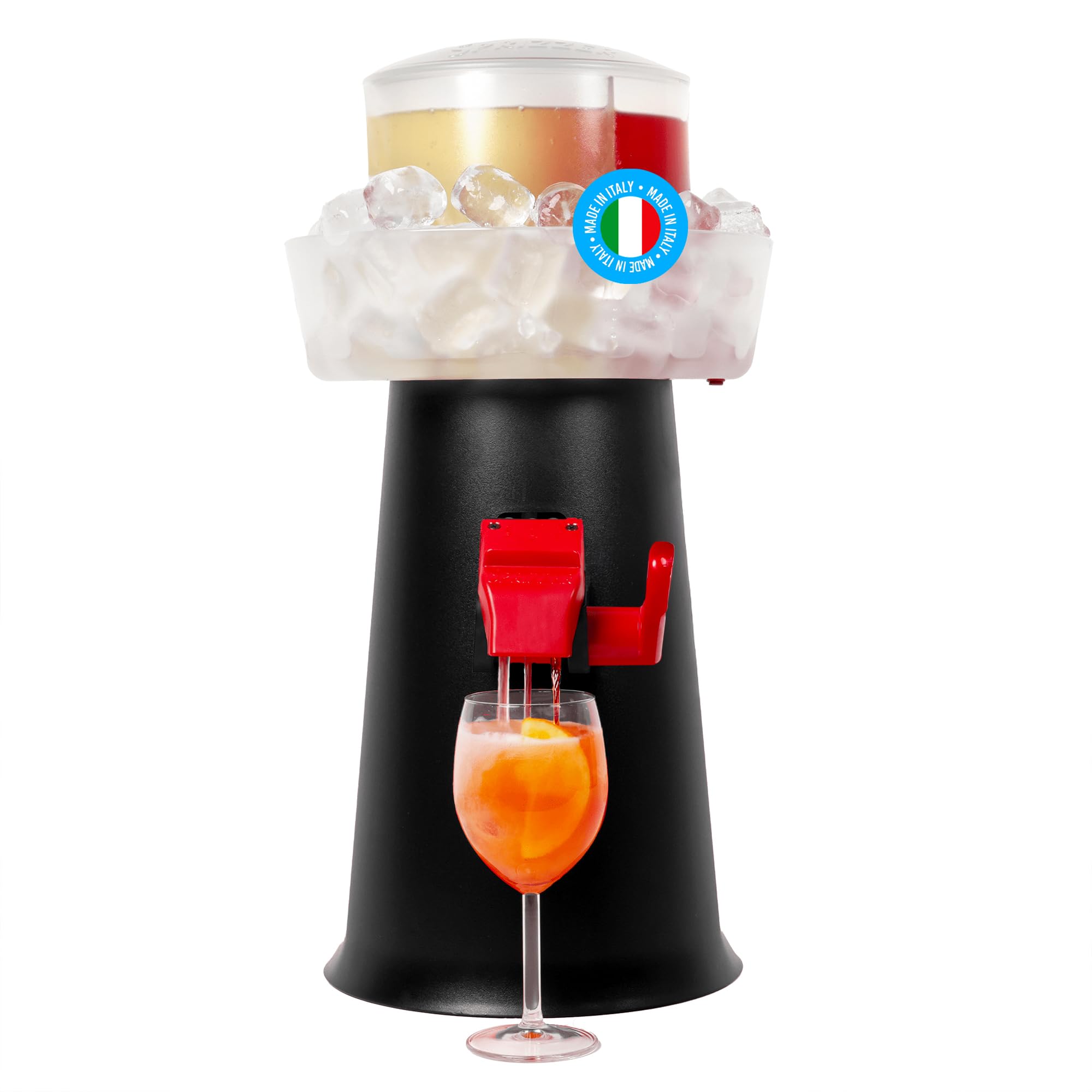 Sprizzer - Sprizzer Machine per lo Spritz, Dispenser con Miscelatore per Aperitivo e Aperol Spritz, Contenitore per Ghiaccio, 3L, Erogatore Manuale senza Elettricità o Batterie, Nero, Made in Italy