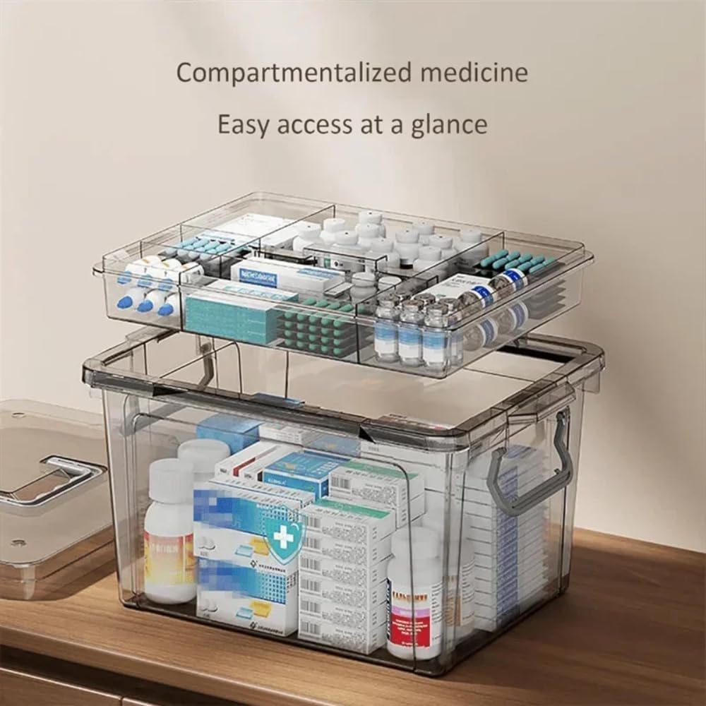 Medicine Storage Box, Home Multifunctional Pill Bottle Organizer, Transparent Double Compartment Med Organizer with Large Capacity, Ideal Box for Pills and First Aid Kit(L)