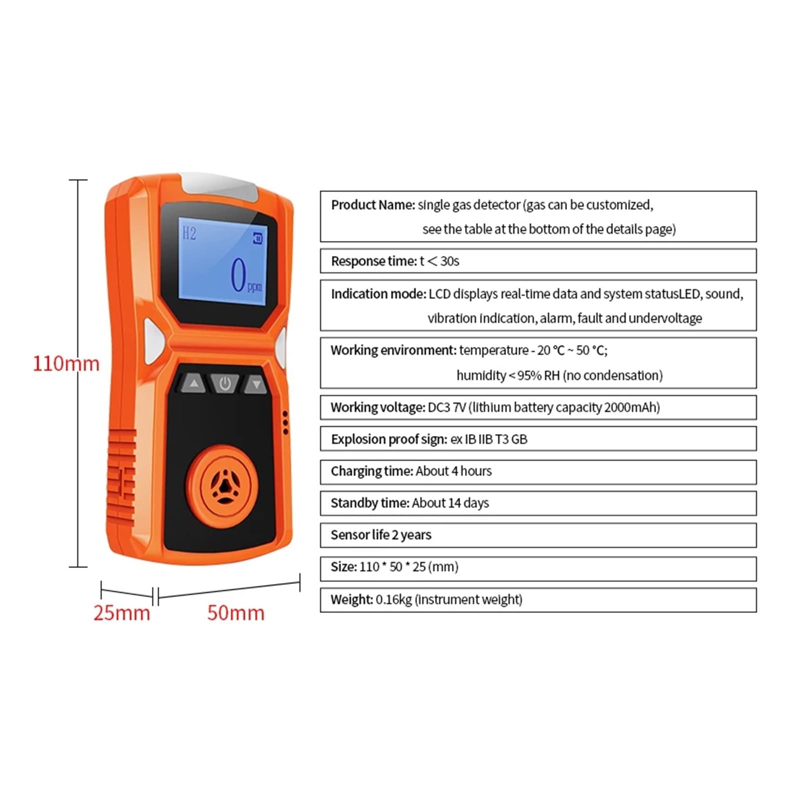 Detector de gas de hidrógeno portátil H2 de grado industrial, detector de fugas dedicado, alarma de hidrógeno, resolución de 0 a 1000 ppm, 1 ppm (detector de hidrógeno)
