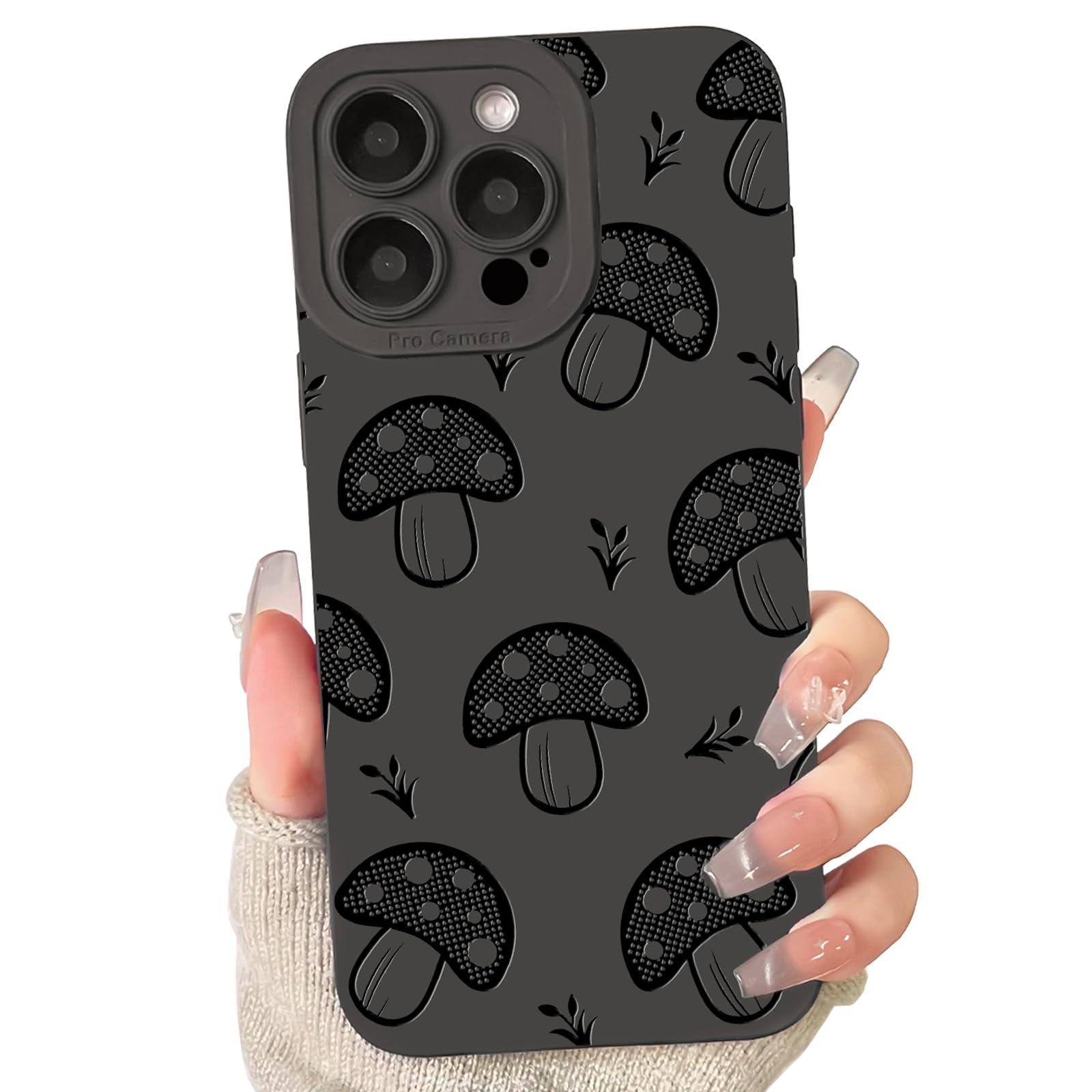 Lovmooful Compatible for iPhone 16 Pro Case Cute Cool Mushroom Black Design for Girls Women Soft TPU Shockproof Protective Girly for iPhone 16