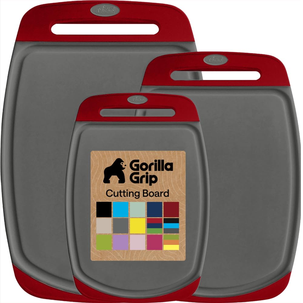 GORILLA GRIP BPA-Free Reversible Kitchen Cutting Board Set of 3, US Designed, Nonporous, Juice Grooves Catch Liquid, Slip Resistant Border, Dishwasher Safe, Durable Large Food Chopping Boards,Gray Red