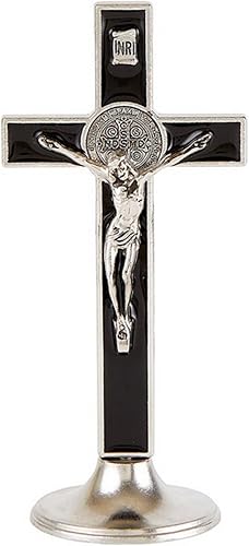 Needzo Crucifijo de pie esmaltado negro de San Benito, cruz católica, regalos religiosos inspiradores para mujeres y hombres, decoración cristiana,