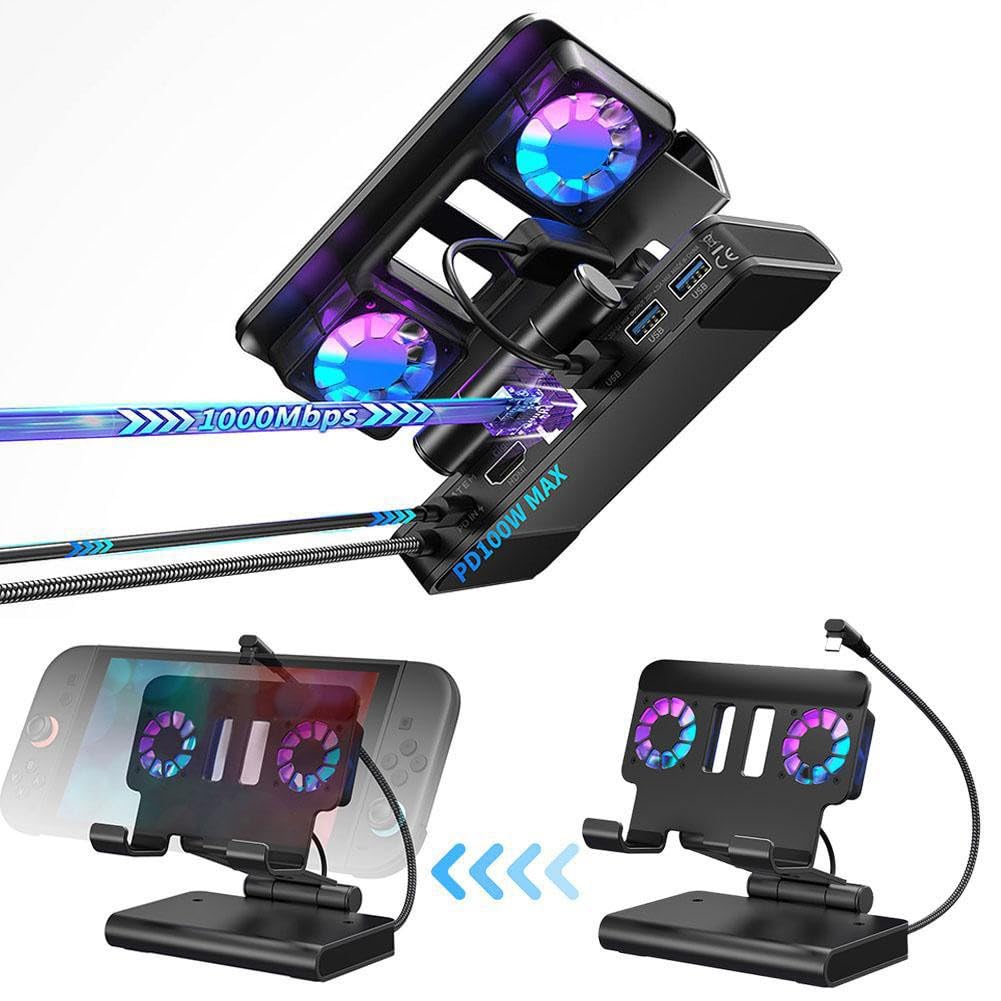 per Nintendo Switch 2 Dock di espansione di raffreddamento con radiatore a doppia ventola, supporto in lega di alluminio 4K 144Hz, per uso domestico e in viaggio compatto 16 x 12 x 9 cm