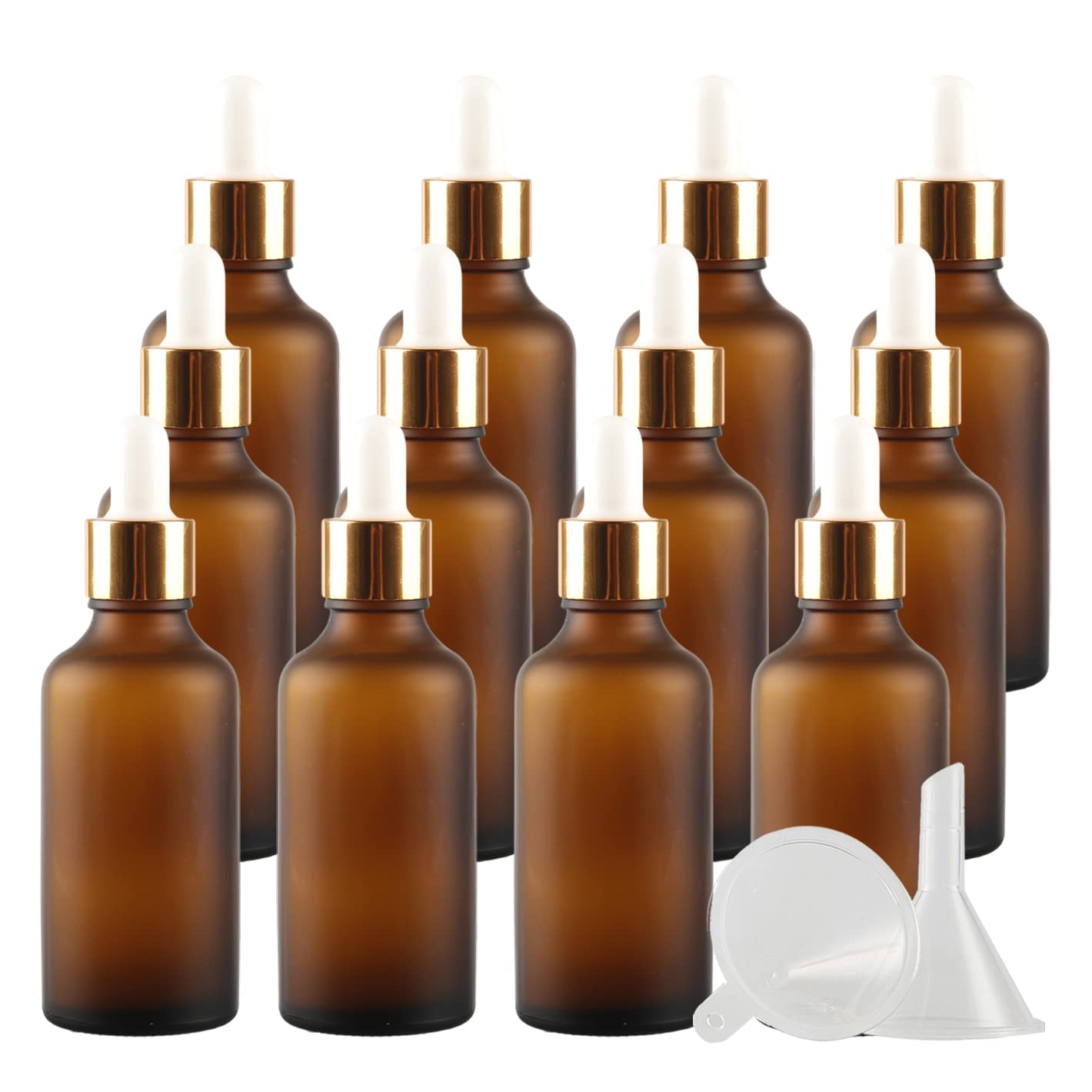 24 Stück 50 ml Gefrostet Braunglas Pipettenflasche mit Gold Pipettenring, Leere Glasflasche Glastropfer Glaspipette Tropfflaschen für Ätherische Öle Aromatherapie + 4x Trichter