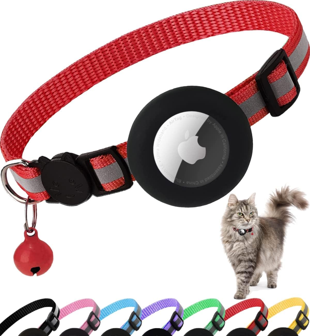 Airtag Cat Collar, Adjustable Air tag Cat Collar Holder with Safety Buckle and Bell in 3/8" Width, Cat Necklace with Waterproof Holder for Cat and Puppy Dogs, Checked Pet Collar (Reflective Red)