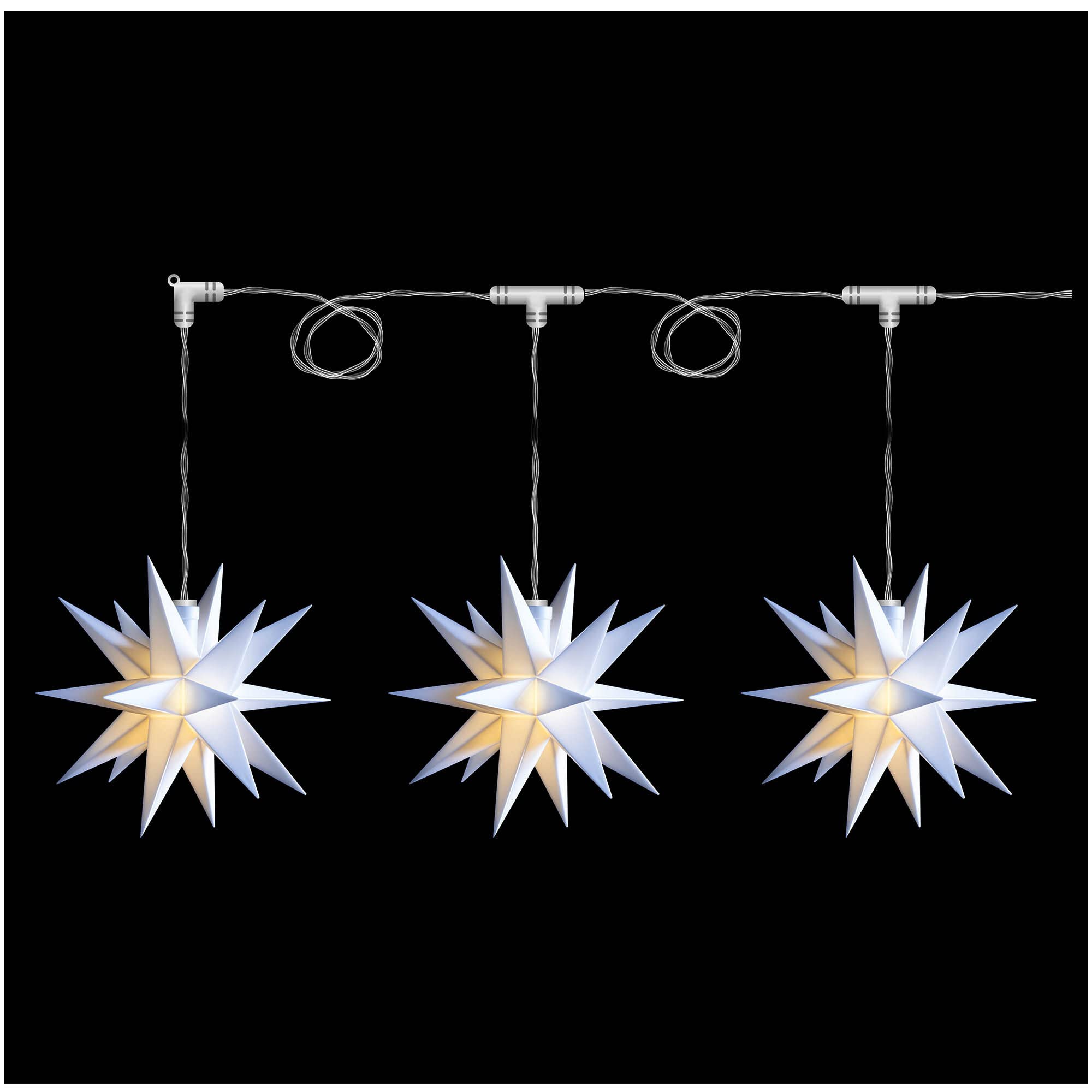 Novaliv Weihnachtsstern Dekostern Lichterkette 3x 12cm Sterne 3,5m Länge WEISS Sternenkette mit Baterriefach nur für INNEN geeignet LED Weihnachtsdeko Stern beleuchtet Weihnachtsbeleuchtung