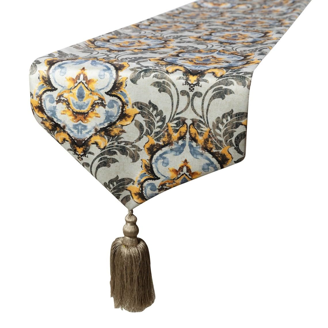 The HomeCentric Handmade Yellow & Grey Table Runner 40 x 270 cm, Damask with Tassels Table Runner, Satin fabric Table Linen, Damask Pattern Modern Style Wedding Décor - Flaring Damask — image 1