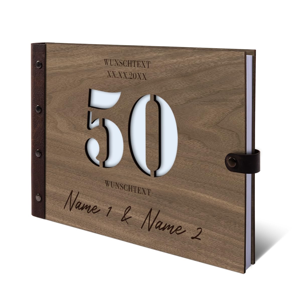 Personalisiertes Goldhochzeit Gästebuch aus echtem Holz selbst gestalten - 50 Jahre Stanze - mit 72 Blatt / 144 Seiten Naturpapier Weiß