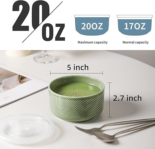 Miniatura 2 de Cuencos de cerámica con tapas recipientes de almacenamiento de alimentos aptos para microondas de 20 onzas para sopa, ensalada, cereales, sobras,