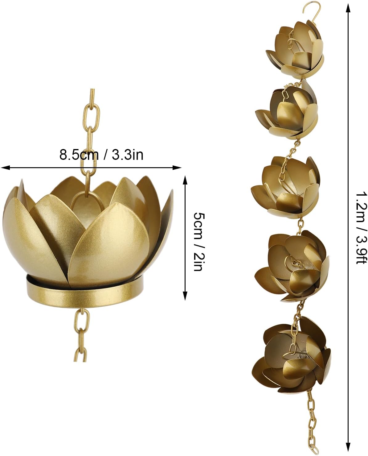 Gold Flower Rain Chain, Decorative Metal Rain Catcher Chain, Rust Proof Galvanized Iron Rain Chain with Adjustable Length for Home Outdoor Decoration, Elegant Water Feature for Gar