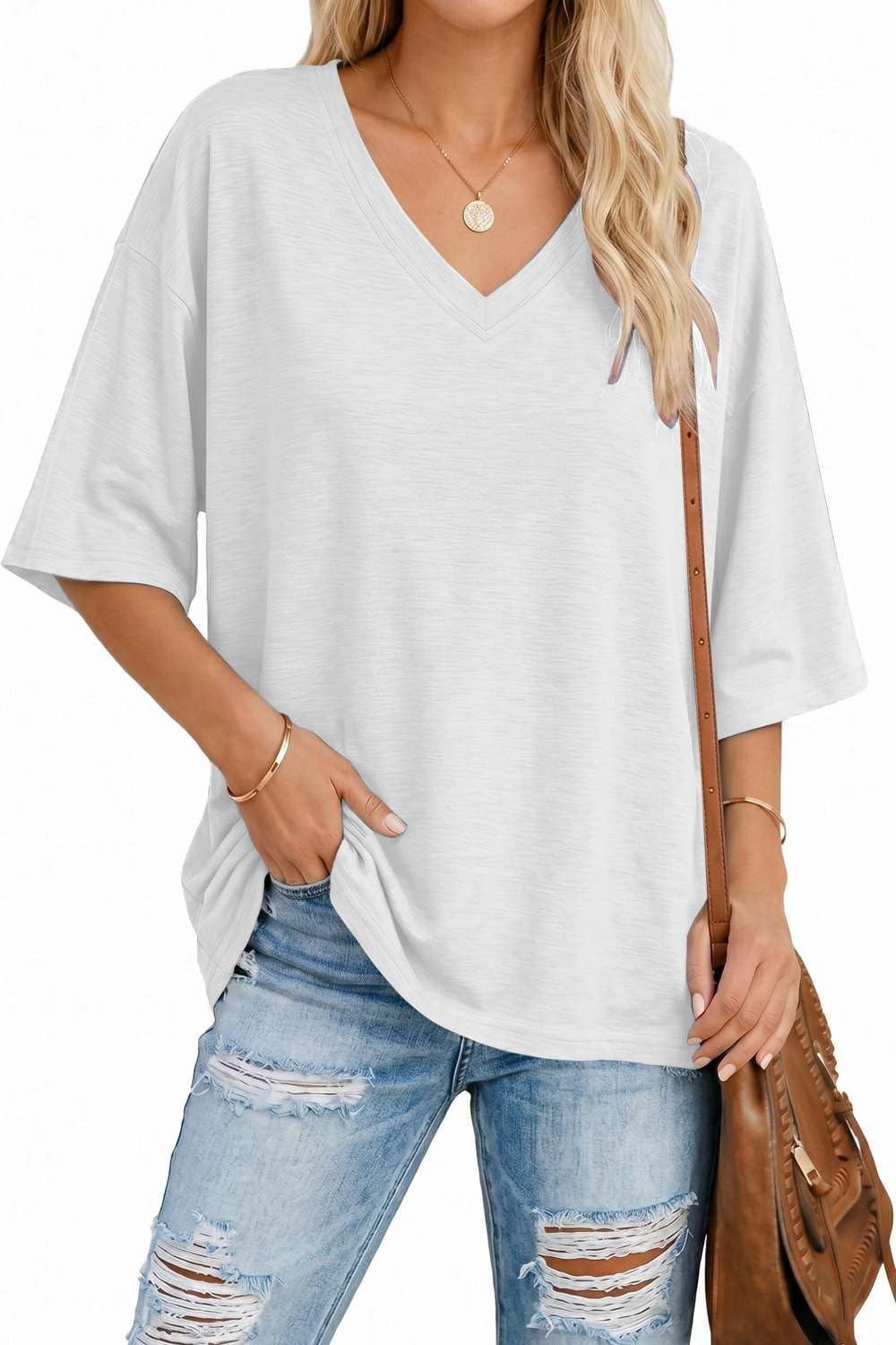 NAIOSS Damen T-Shirt Oversize Kurzarm Oberteil V-Ausschnitt Tunika Sommer Tops