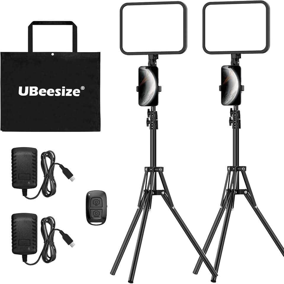 UBeesize 2-Pack LED Video Light Kit, 3000-6500K Dimmable Photography Studio Lights with Tripod Stand &amp; Phone Holder, Video Recording &amp; Streaming Lighting for Makeup, Gaming, YouTube