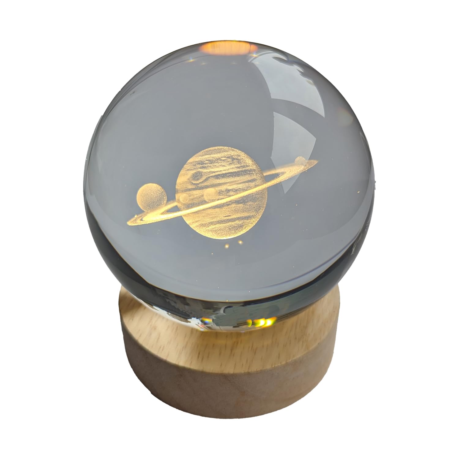 Pfronten Schmuck Hologram Glass Ball (Approx. 8 cm) Planet Ring with Wooden LED Coaster (Approx. 7 cm) 3D Crystal Ball Night Light Mood Light Lamp