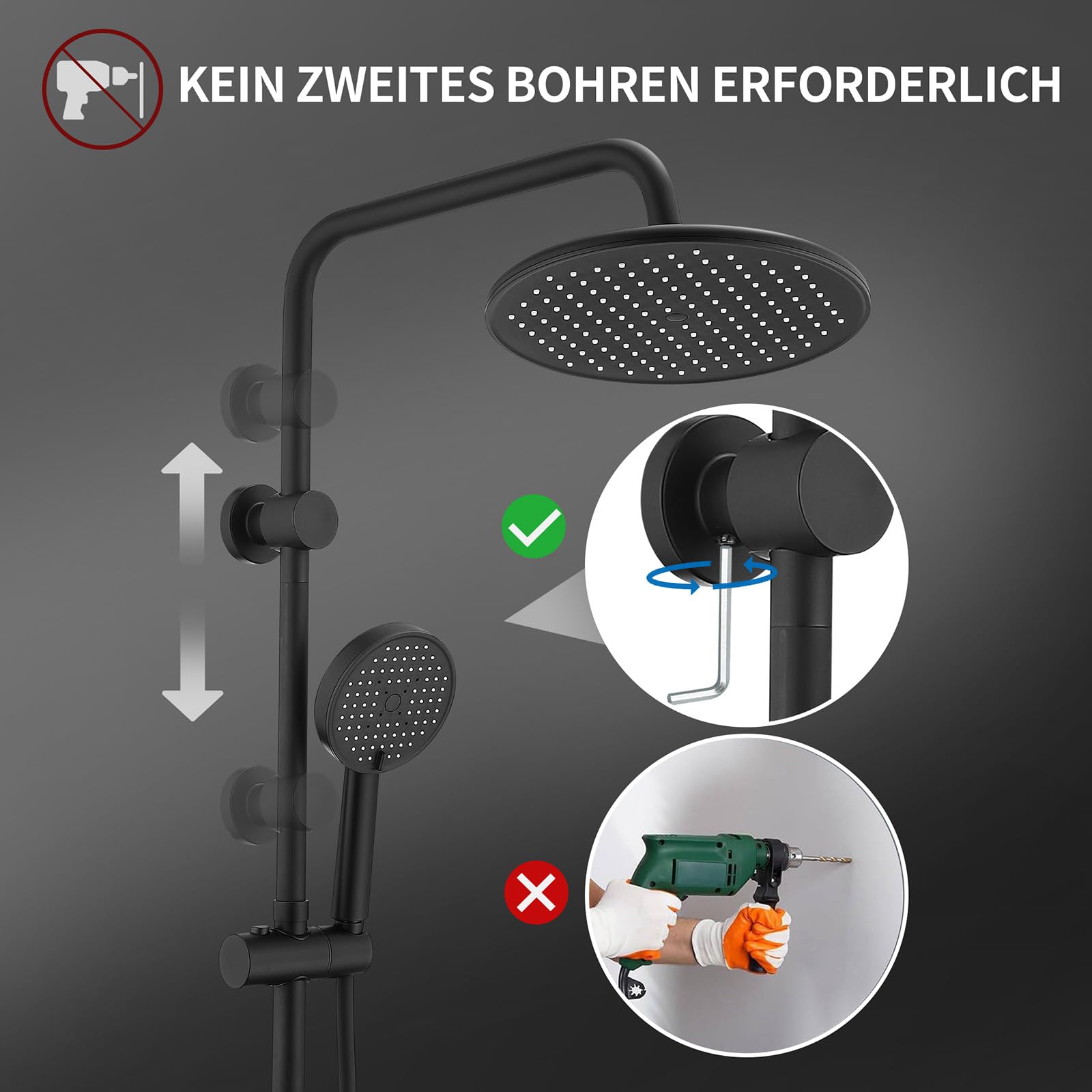 HOMELODY Duschsystem mit Armatur Schwarz - Regendusche mit Armatur LED Temperature Display, 25 cm Rund Regendusche, 3 Strahlarten Duschkopf,Duscharmatur Komplettset, Duschset