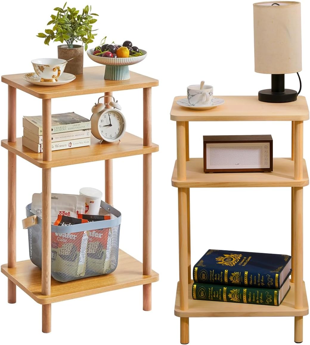 Solid Wood End Table Set of 2, 3-Tier Burlywood Side Tables with Storage Shelves, Tall Nightstand Bedside Table for Living Room Bedroom Toilet No-Tool Easy Assembly