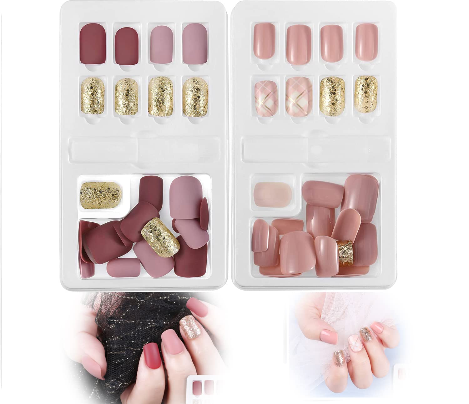 SYOSI Short Fingernails Nail Tips Kit, False Nails Artificial Fake 60 Pieces 12 Sizes in 2 Boxes Full Cover with Files Stick for Nail Art Salon DIY Decoration for Girl Women (Light Red, Pink)