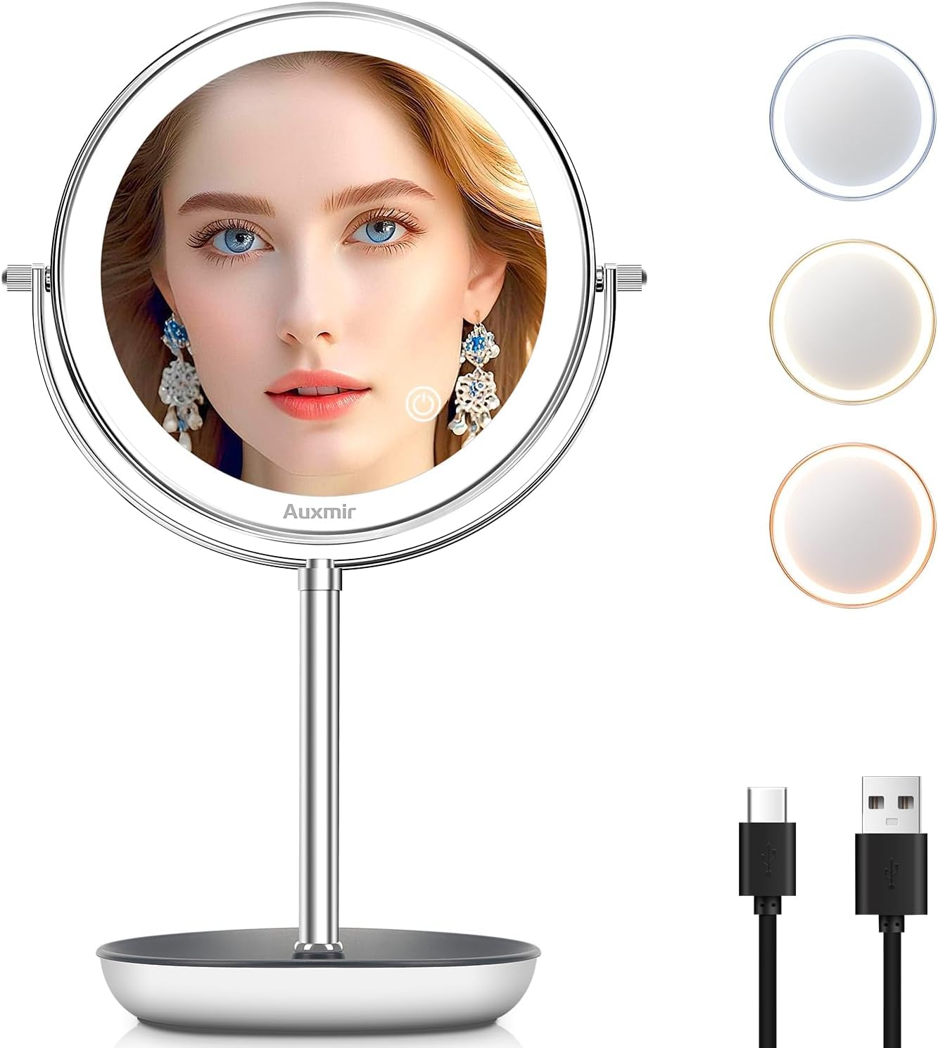 Auxmir Specchio con Luci di 3 Colori, Ingranditore 10X/1X, Luminosità Regolabile Bifacciale Rotazione a 360°con Contenitore, Ideale per Trucco, Rasatura e Cura del Viso