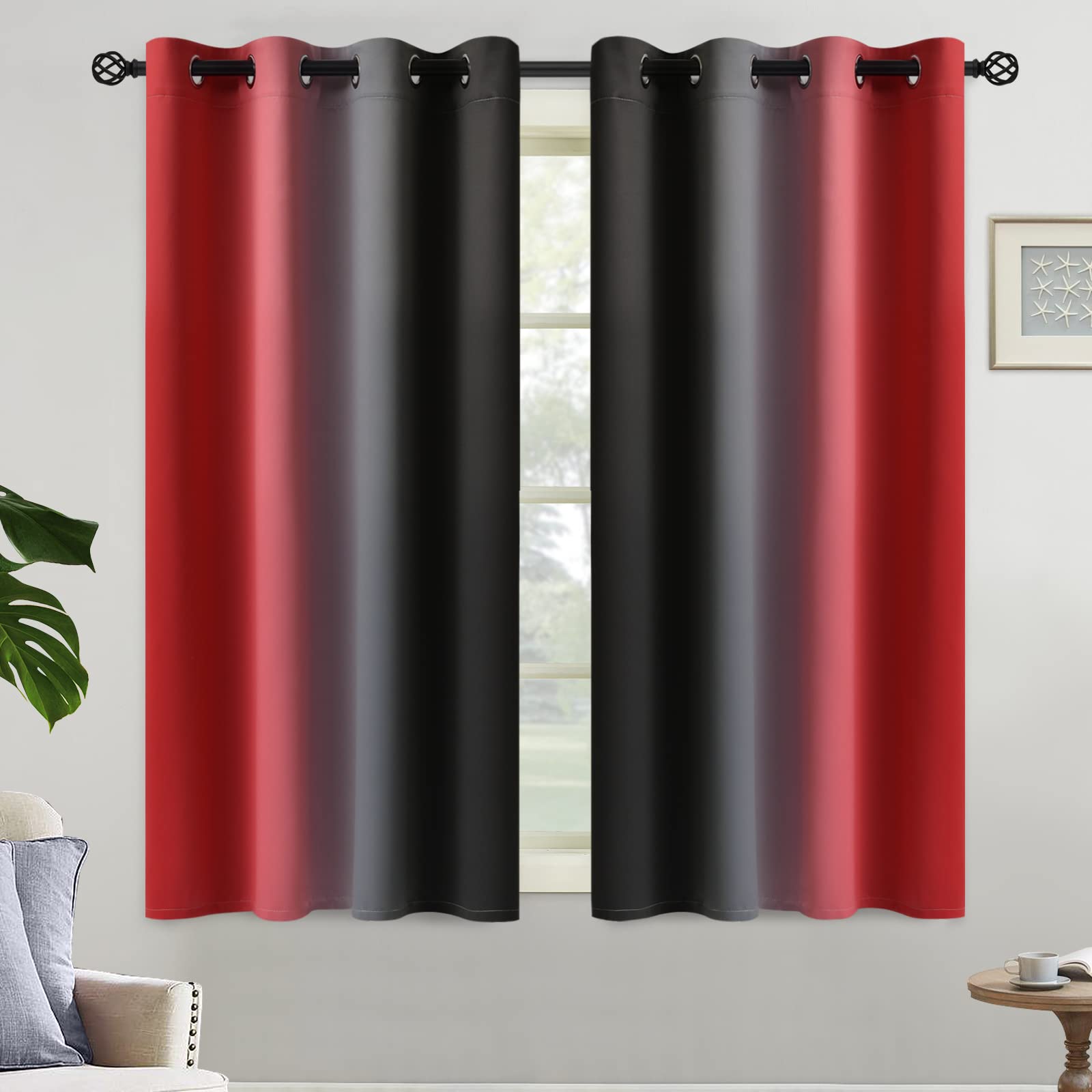Yakamok Red and Black Blackout Curtains, Ombre Room Darkening Window Curtains for Living Room,Grommet Thermal Insulated Drapes,Light Blocking Curtains