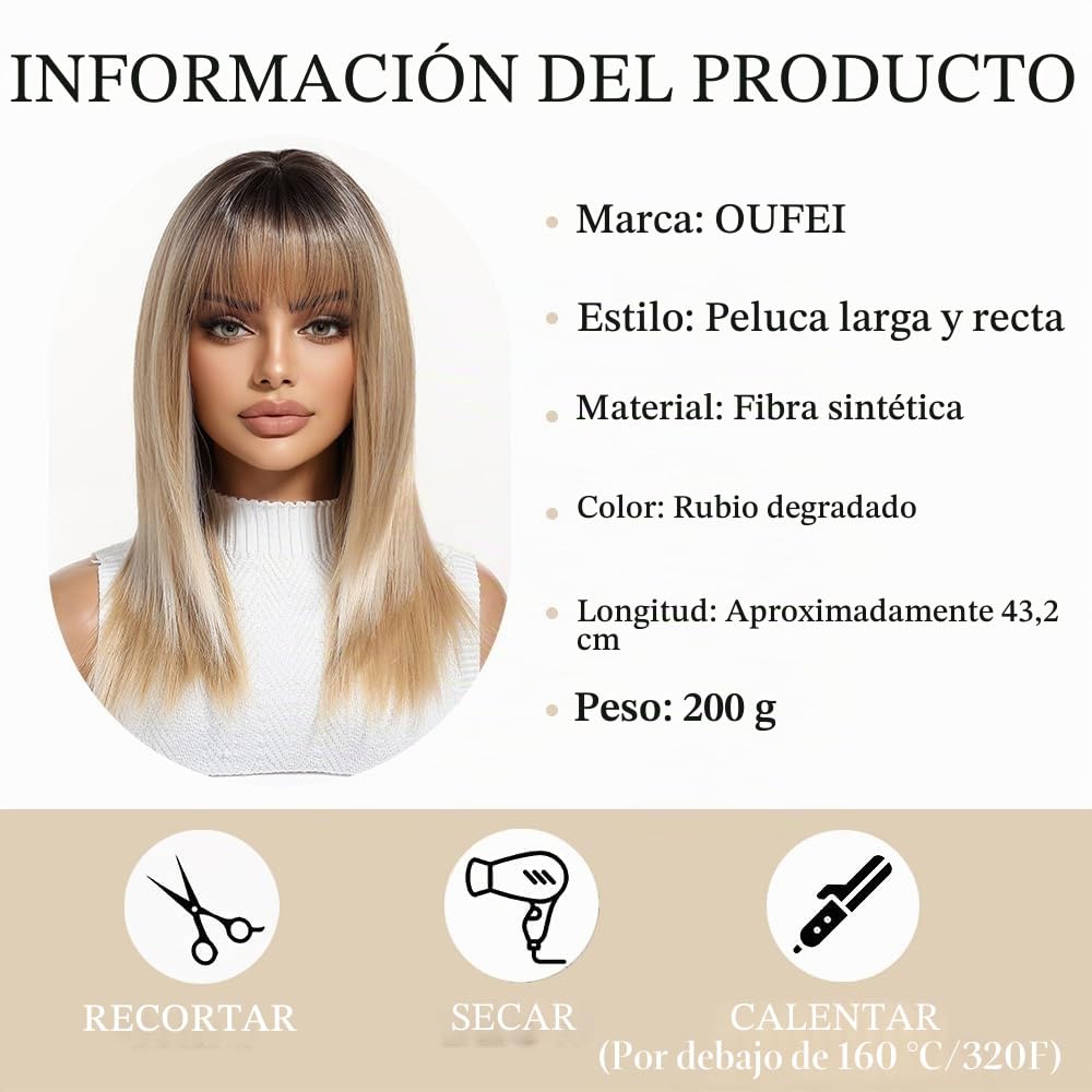 Ombre Rubio Pelucas para las mujeres de longitud media Peluca larga recta con flequillo pelo sintético resistente al calor Pelucas para todos los días del partido Cosplay Wear