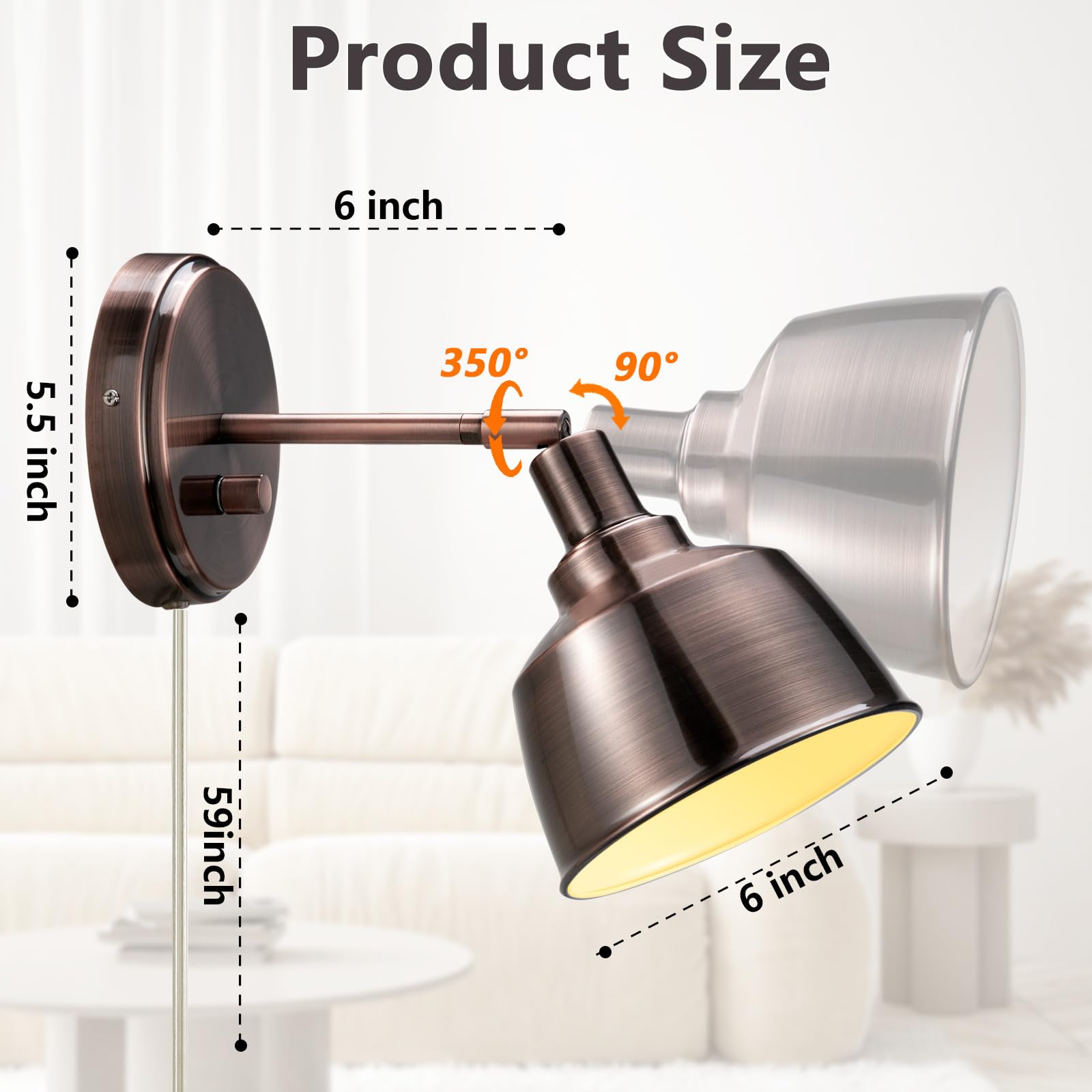 Modernluci Wall Lamp Multi Purpose LED Vintage Industrial Wall Sconce Adjustable Dimmable Bedside, Corridor Wall Light Fixture, Hard Wire or Plug in, Copper (Set of 2)