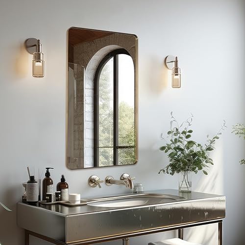 Miniatura 6 de ANDY STAR Espejo de baño dorado de latón de 30 x 48 pulgadas, espejo de pared grande para baño, espejo rectangular redondeado en marco de metal de