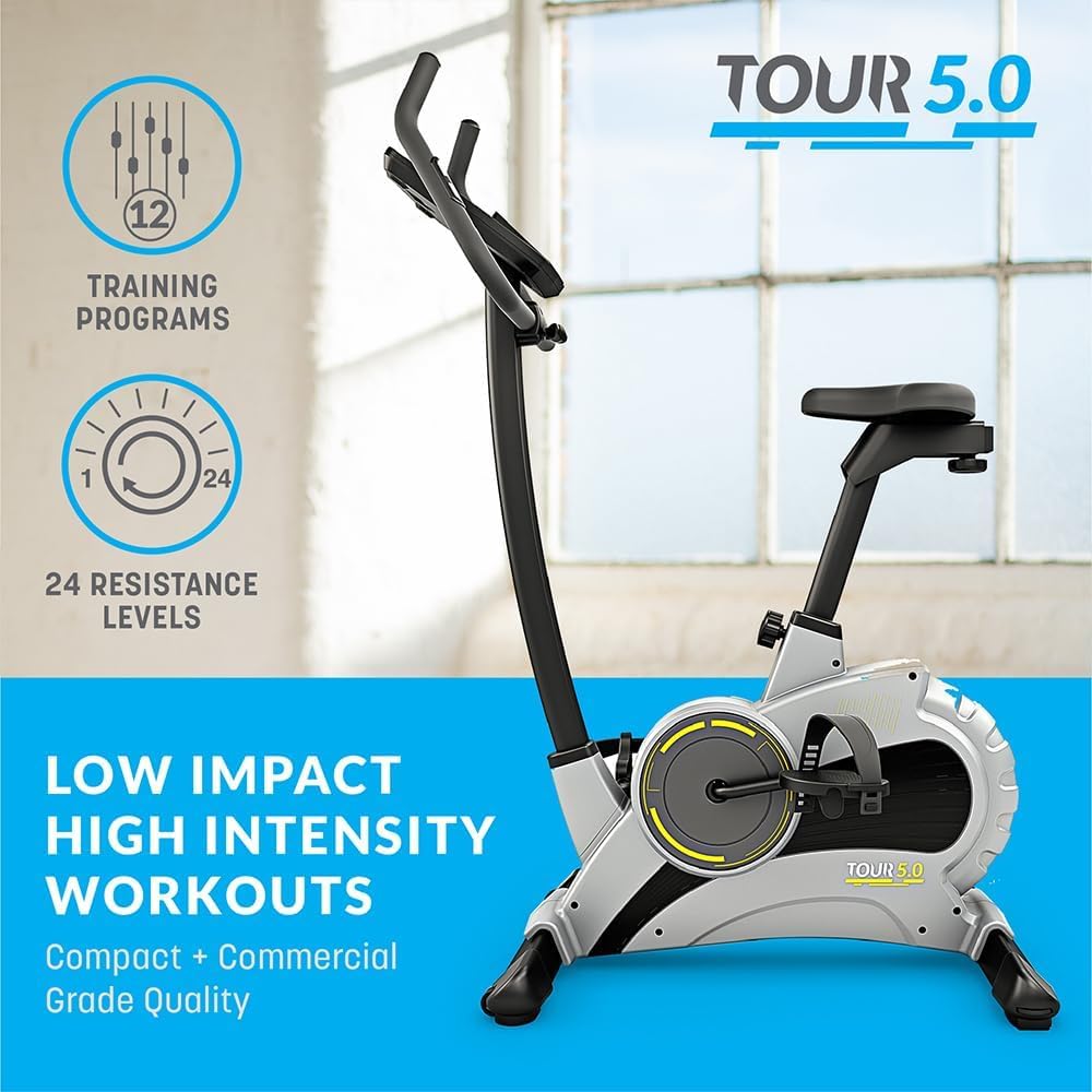 bluefin fitness tour 5.0 exercise bike | home gym equipment | exercise machine | spin bike | kinomap | live video streaming | video coaching & training | bluetooth | smartphone app | black grey silver