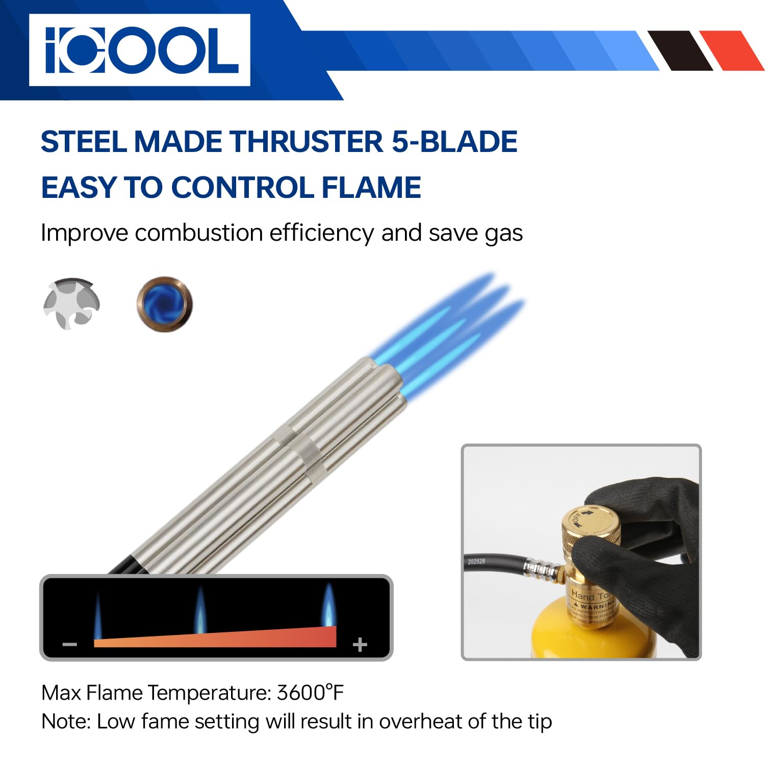 ICOOL Linterna de mano de triple llama, temperatura máxima de 1,982.2 °C, antorcha de gas propano MAPP para soldadura, fontanería, HVAC