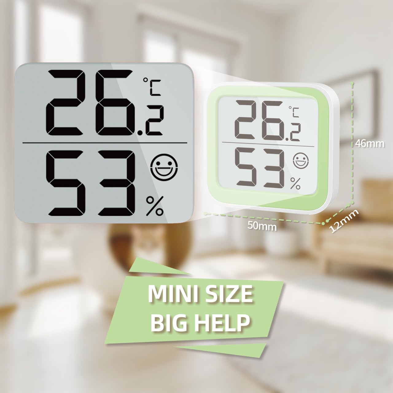 NOKLEAD Termometro Misuratore di umidità Interno Mini igrometro Monitor Dispositivo di misurazione della temperatura ambiente con icona facciale Indicatore di comfort (2, Verde, 5cm)