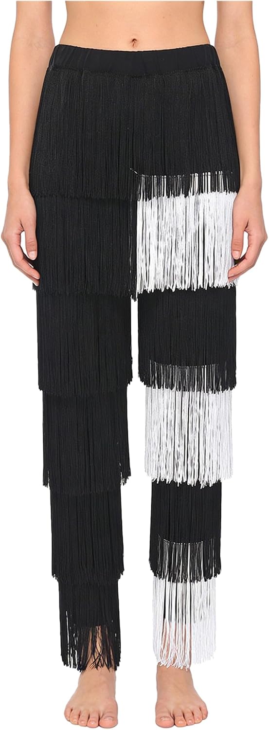 Jan Jean Womens Rumba Dance Pants with Fringe Elastic Waistband Color-Block Tassel Trousers