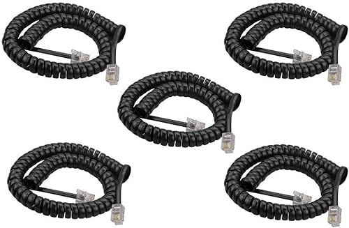 SINCODA Paquete de 5 cables modulares de teléfono en espiral de 6 pies para teléfono/auricular, cable rizado negro (negro)